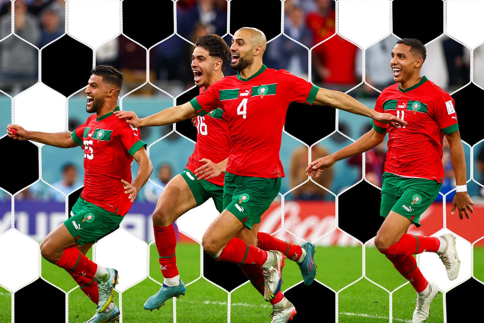 Four Moroccan players run and smile on the field after the game