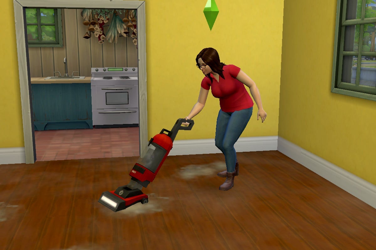 In a virtual room, a brown-haired Sim with a green plumbob over her head vacuums amid piles of gray dust.