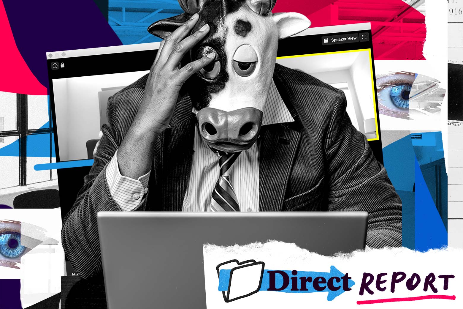 A man in a suit and a cow mask holds his head as he looks at his laptop.