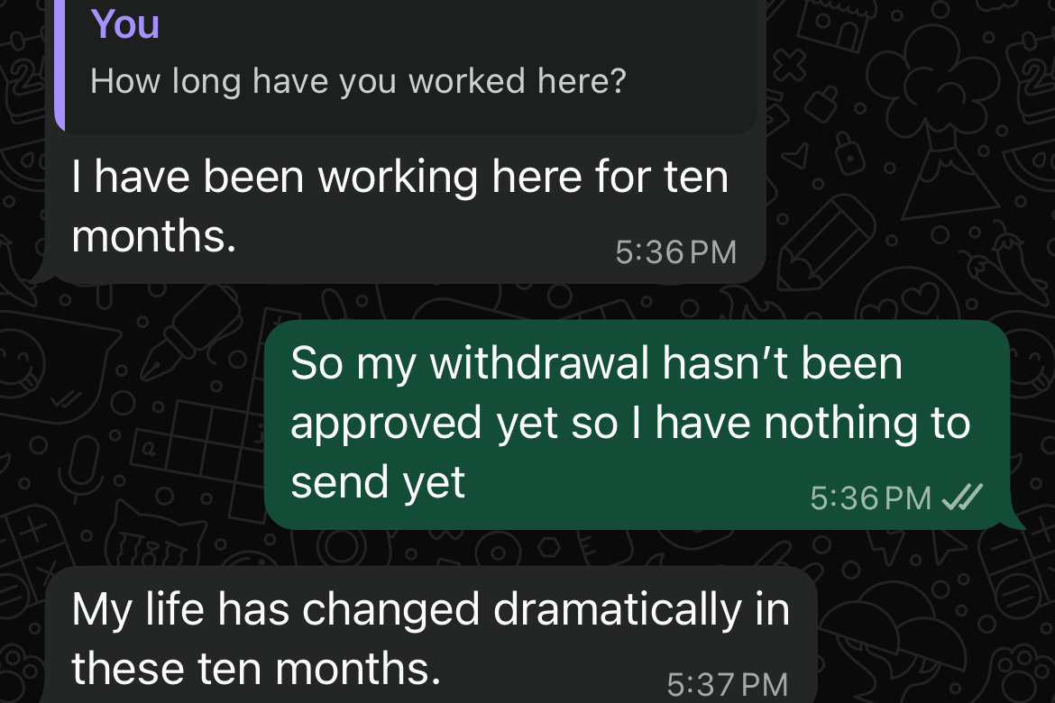 La reclutadora, en un intercambio de mensajes de WhatsApp, señala que su vida