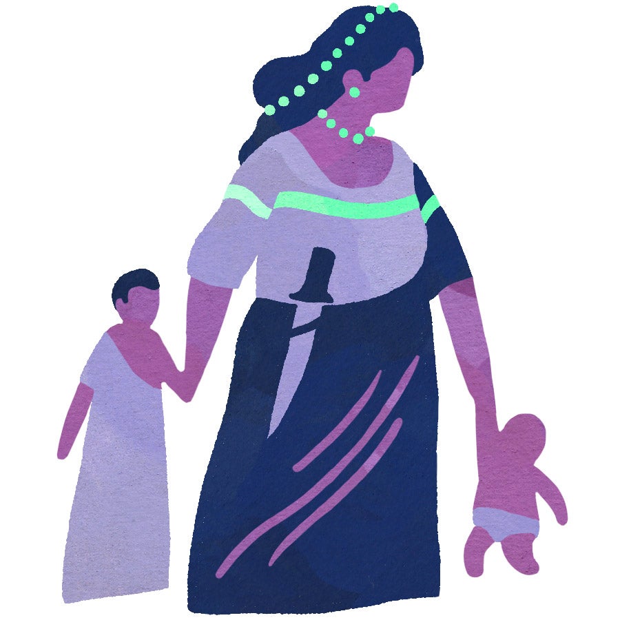 Medea, with a dagger in her belt, holding the hands of her two children
