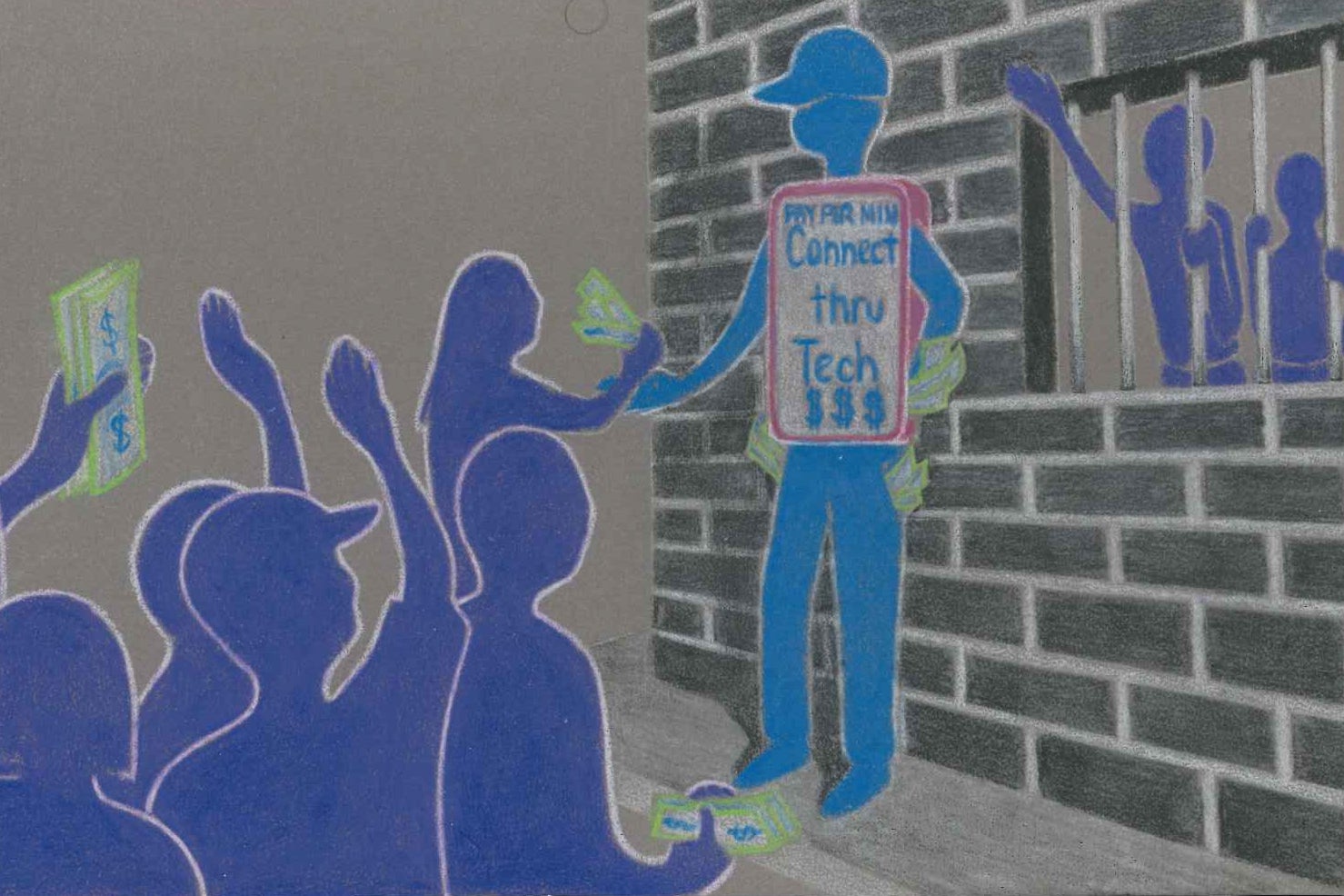 On the left, a crowd of figures holds out dollar bills, which they are handing to a man with a shirt that says "connect thru tech." On the other side of the man is an illustration of a prison, with two figures reaching out from a barred window.   
