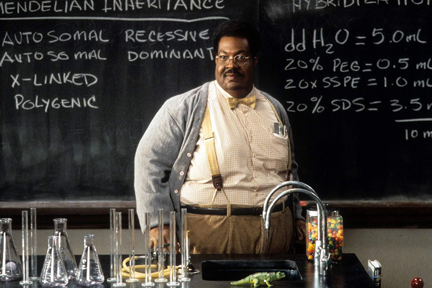 Eddie Murphy wears a fat suit and stands in front of a chalkboard with formulas written on it