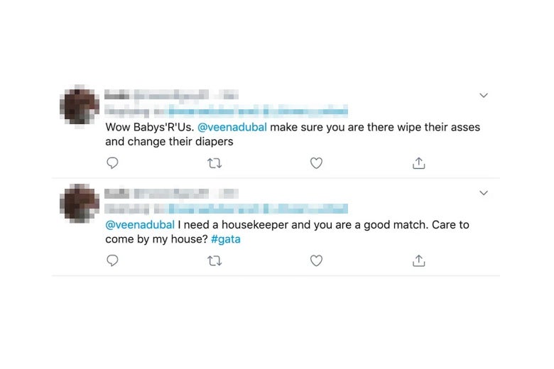 A tweet referring to Dubal as a housekeeper.