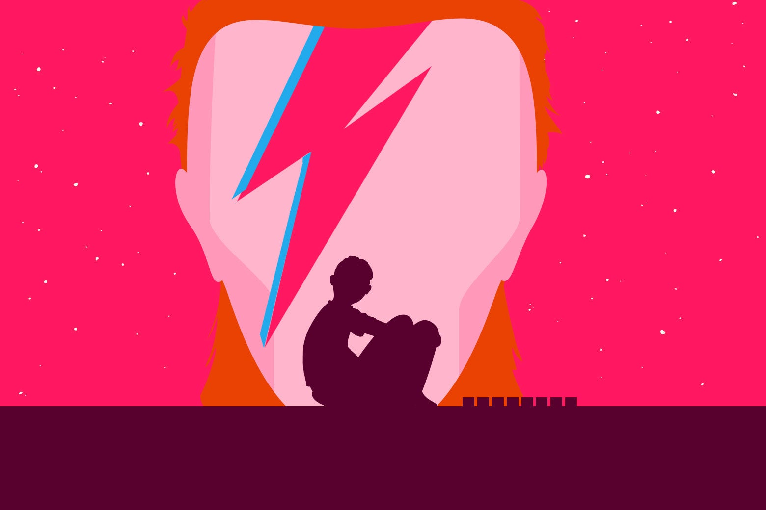 An illustration of a boy sitting in profile in front of a Ziggy Stardust–era David Bowie.
