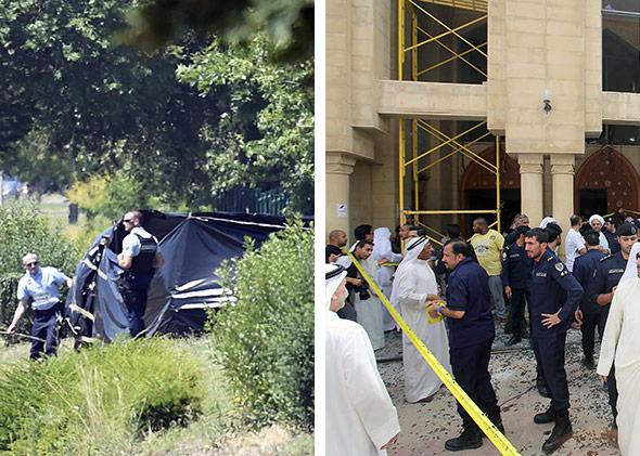 Left-side: French security stand next to the enclosed area where a decapitated body was found, near the Air Products company, in Saint-Quentin-Fallavier, near Lyon, central eastern France, on June 26, 2015. Right: Kuwaiti security forces gather outside the Shiite Al-Imam al-Sadeq mosque after it was targeted by a suicide bombing during Friday prayers on June 26, 2015, in Kuwait City.