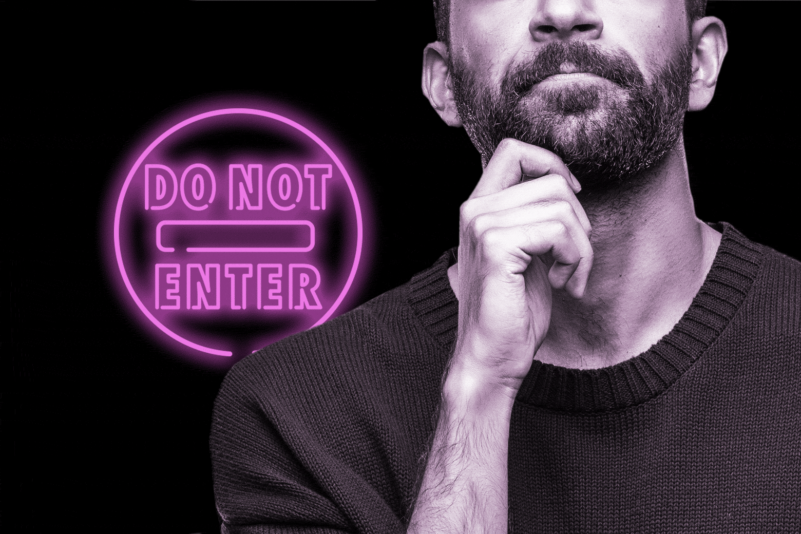 GIF of a man in contemplation. A neon "Do Not Enter" sign glows in the background.