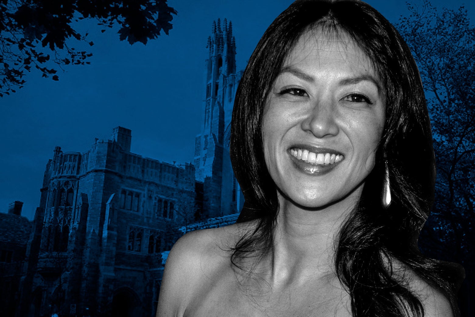 Photo illustration of Amy Chua with a Yale Law School building in the background. 