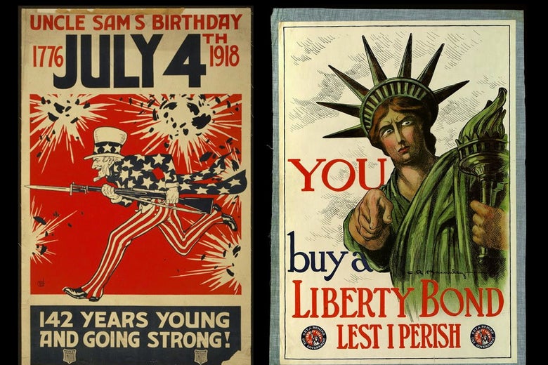Two recruitment posters, Uncle Sam on the left, Lady Liberty on the right. 
