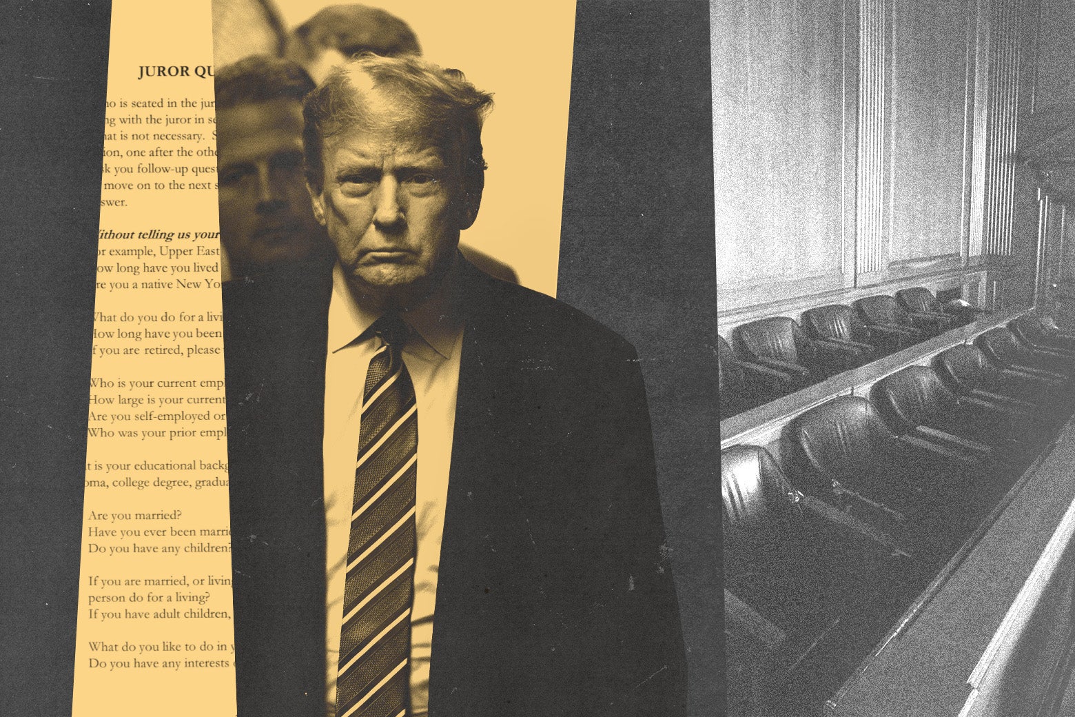 A collage of the first Trump trial, featuring Donald Trump and a row of empty juror seats.