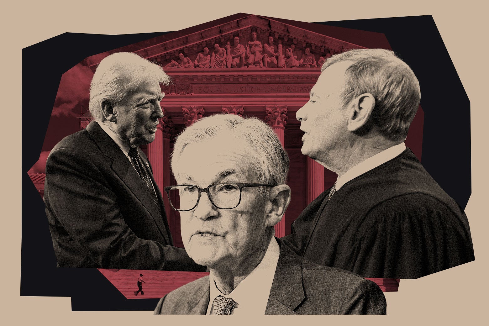 Donald Trump and John Roberts shake hands behind Jerome Powell. 