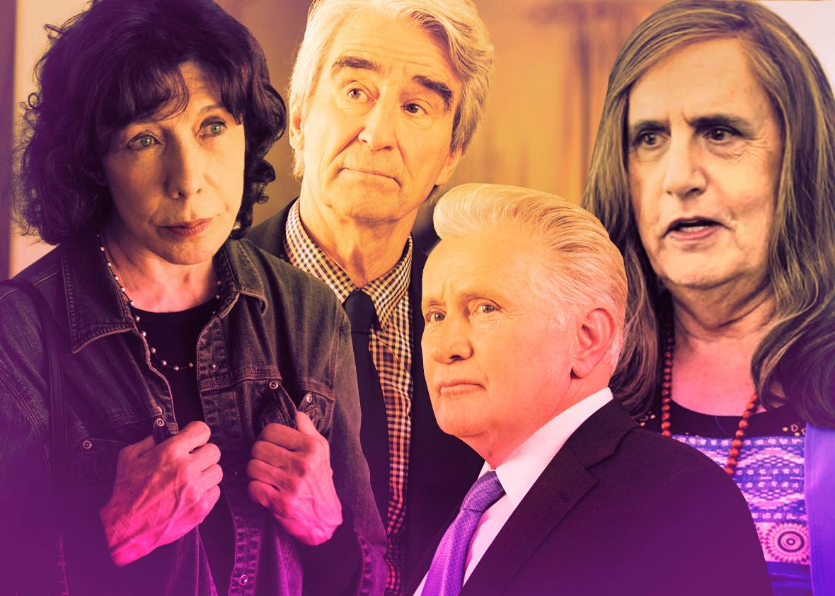 Lily Tomlin in Grandma, Sam Waterston and Martin Sheen in Grace & Frankie, Jeffrey Tambor as Maura in Transparent.