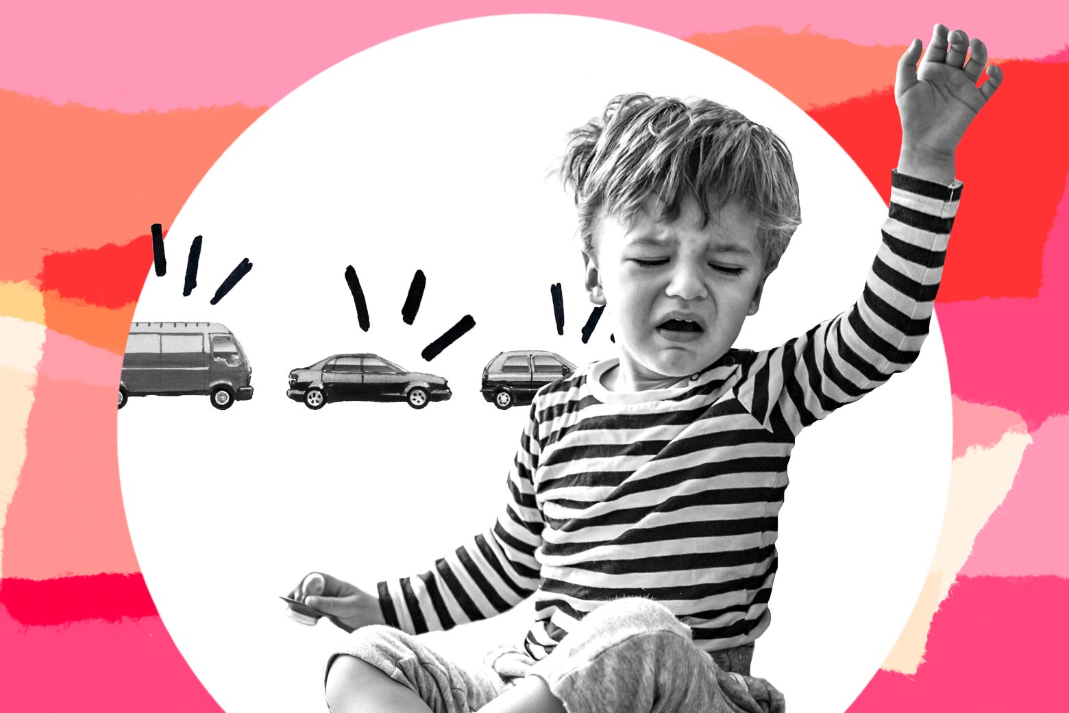 Collage of a toddler waking up crying beside a line of cars, with honking lines beeping from each car.