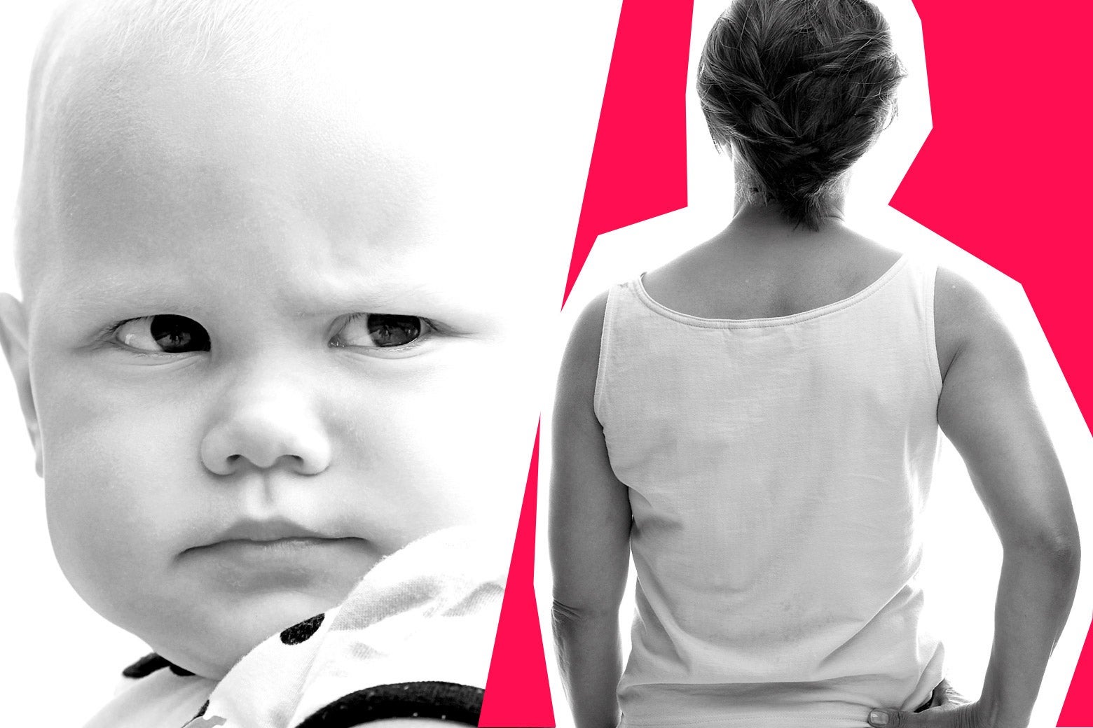Left, a baby giving side-eye. Right, a woman's back.