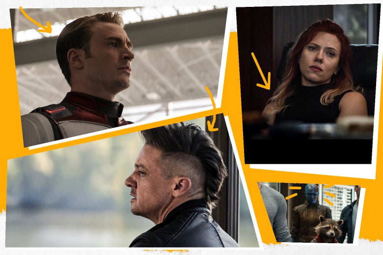 The hairstyles of Captain America, Black Widow, Hawkeye, and Nebula in Avengers: Endgame.