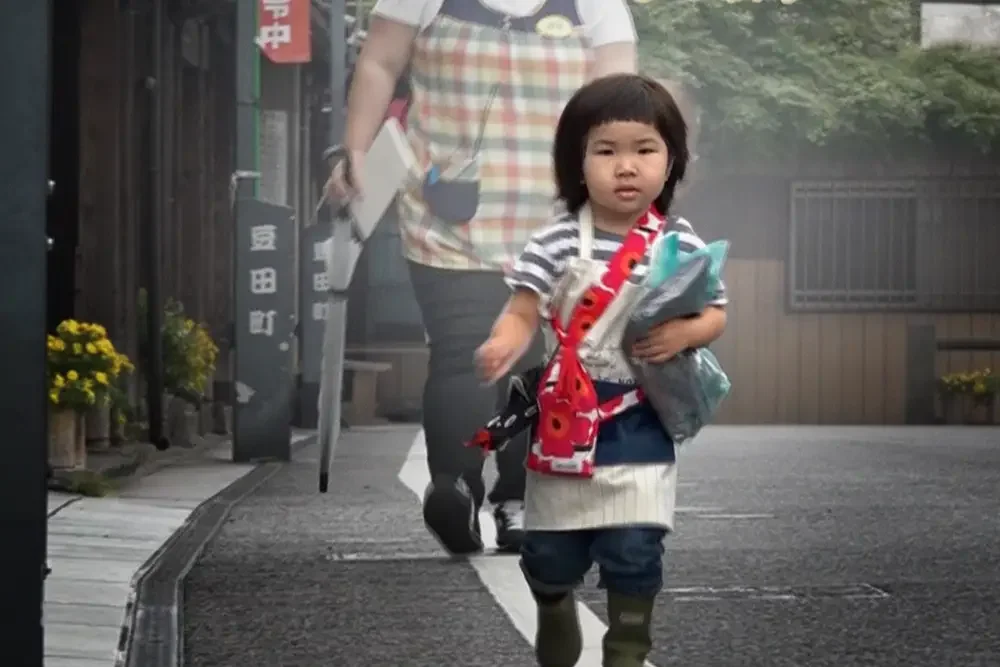 A small child walks down a street. 