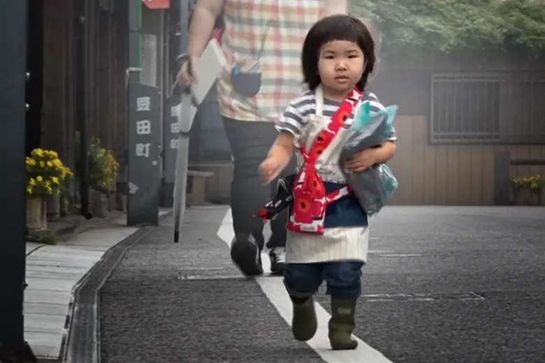 A small child walks down a street. 