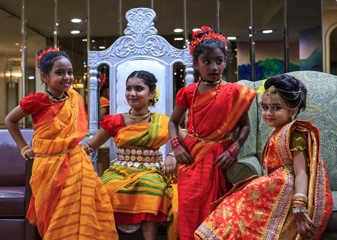 Girls prepare to perform during a celebration for Time Television, a bilingual station catering to New York City's Bangladeshi and South Asian community on September 26th, 2016 in Queens, New York.