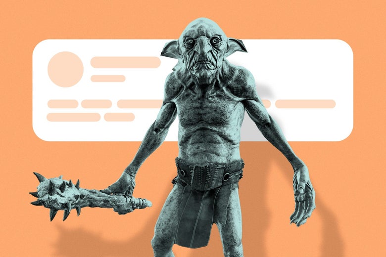 A statue of a foreboding-looking goblin holding a spiked weapon in one hand over an orange backdrop.