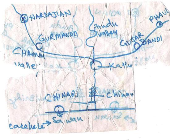 An emergency hand-drawn map of a remote region of Pakistan.
