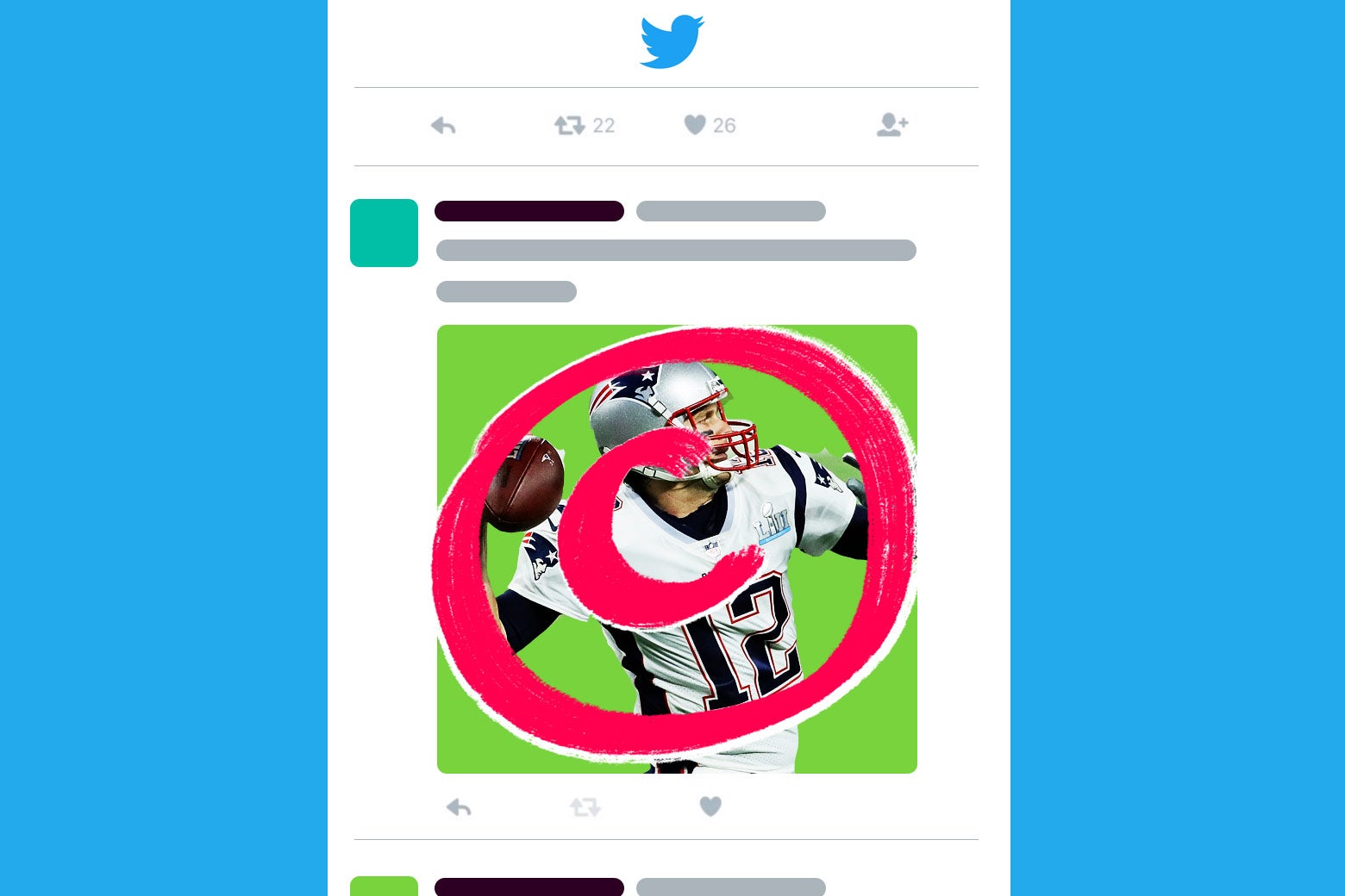 Photo illustration: The copyright symbol is superimposed on a mocked-up social media post with Tom Brady's photo.