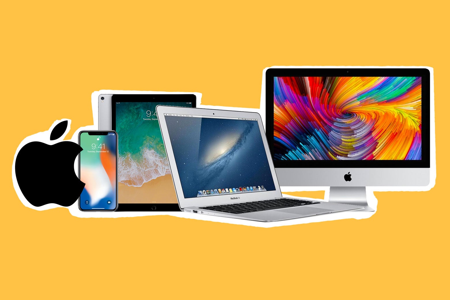A collage of Apple products, including the iPhone, iMac, iPod, and Macbook Air.