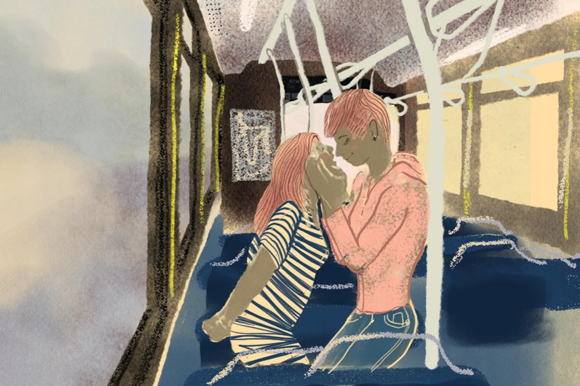 A drawing of two women kissing on a bus.