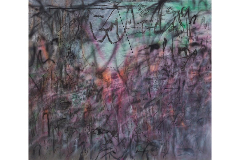 Julie Mehretu, Conjured Parts (eye), Ferguson, 2016. Ink and acrylic on canvas, 84 x 96 inches (213.4 x 243.8 cm). 