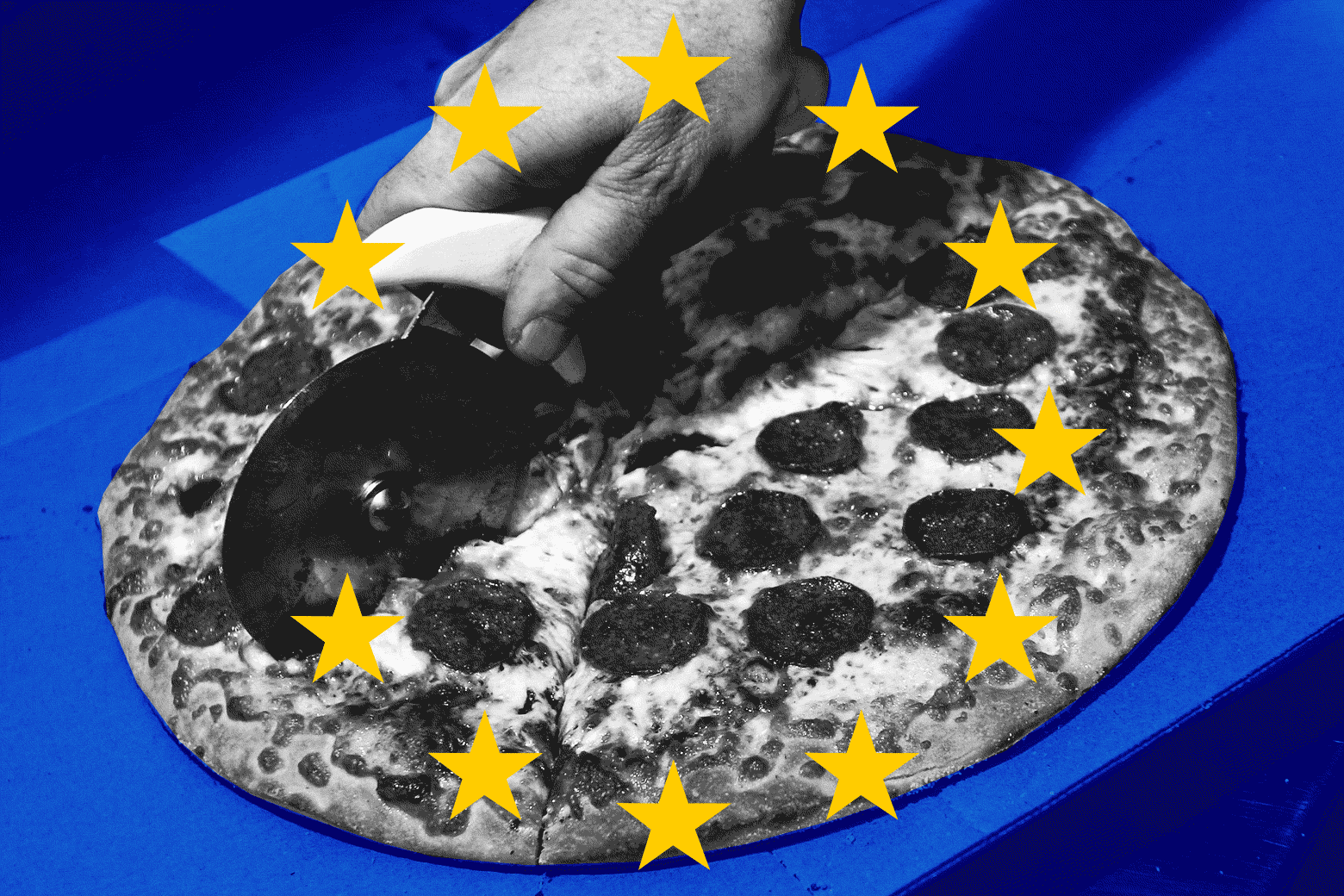 A pizza being sliced overlaid with a flickering EU flag.