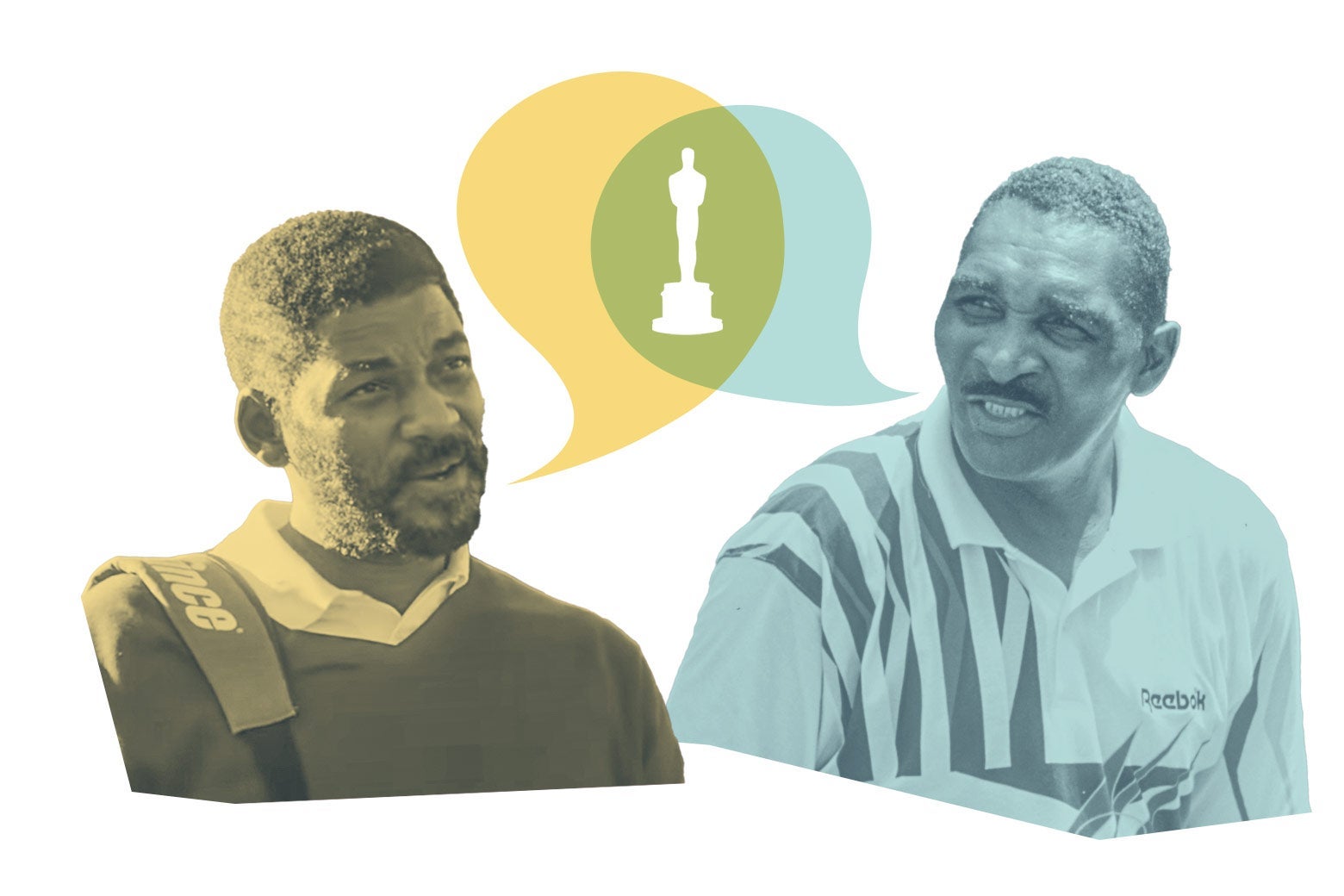 Collage of Will Smith as Richard Williams and the real Richard Williams with speech bubbles coming out of their mouths that overlap over an Oscar statuette
