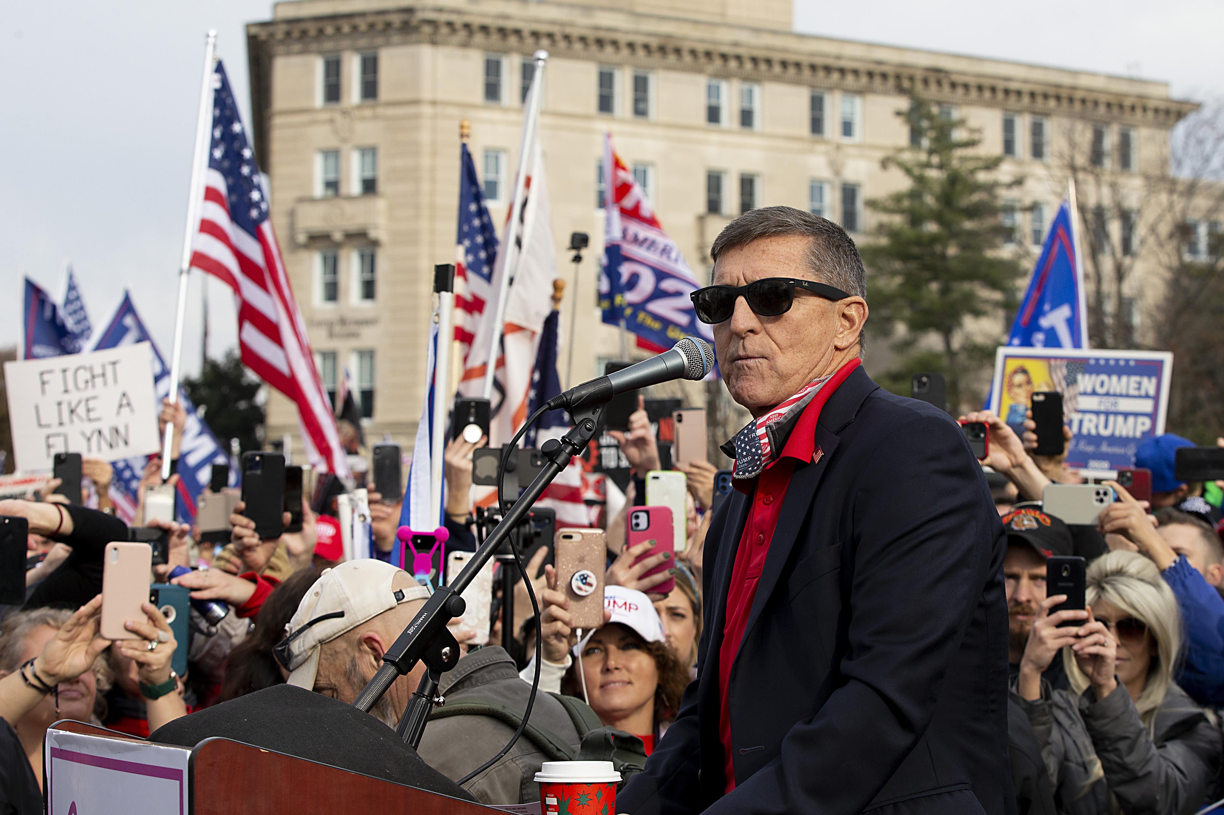 Michael Flynn speaks during a protest of the outcome of the 2020 presidential election outside the Supreme Court on December 12, 2020 in Washington, D.C.