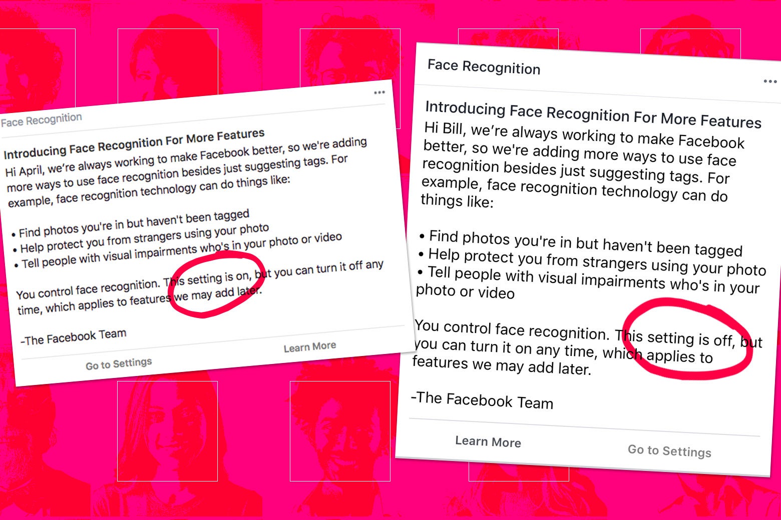 Notifications that two Facebook users have received recently about facial recognition features. One says that the setting is off, while the other says the setting is on.
