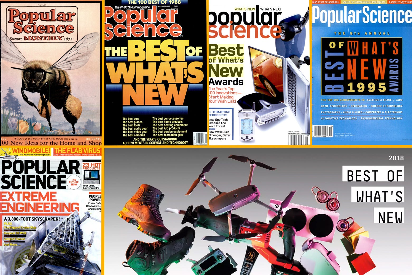 A collage of Popular Science "Best of What's New" covers.