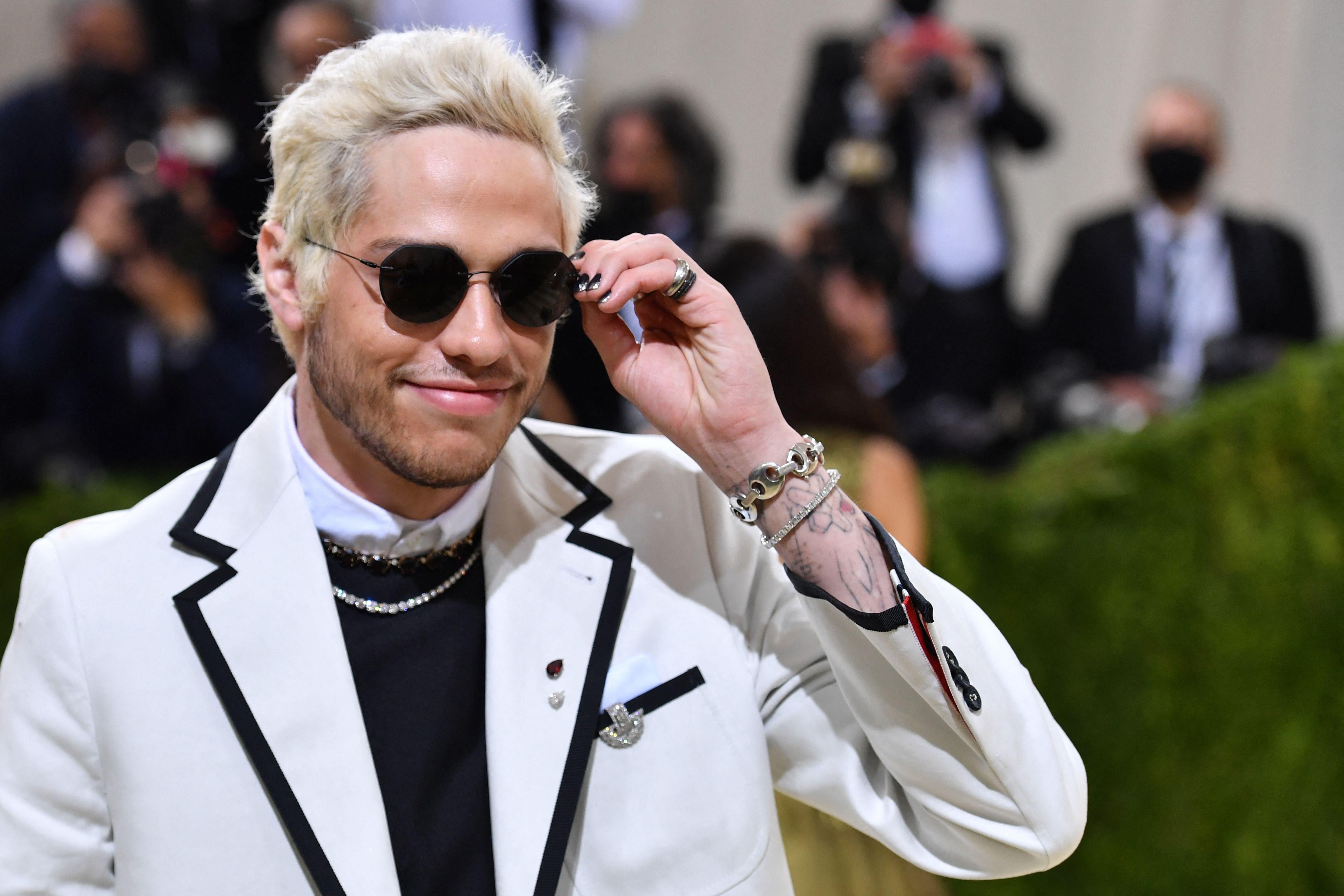 US actor-comedian Pete Davidson arrives for the 2021 Met Gala at the Metropolitan Museum of Art on September 13, 2021 in New York. - This year's Met Gala has a distinctively youthful imprint, hosted by singer Billie Eilish, actor Timothee Chalamet, poet Amanda Gorman and tennis star Naomi Osaka, none of them older than 25. The 2021 theme is "In America: A Lexicon of Fashion." (Photo by Angela WEISS / AFP) (Photo by ANGELA WEISS/AFP via Getty Images)