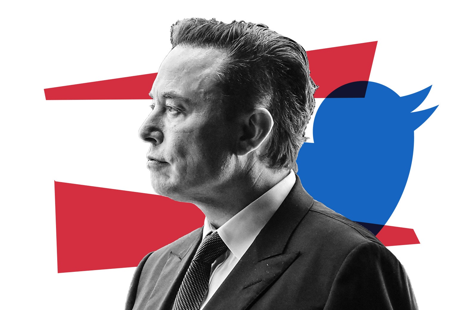 Elon Musk looks to the left, against a backdrop of red shapes and the Twitter logo.