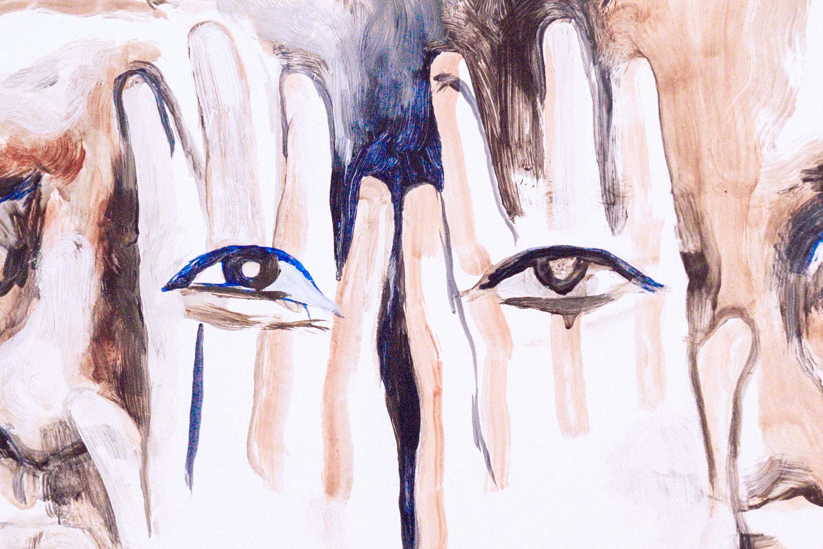 Painting of transparent hands covering two eyes.