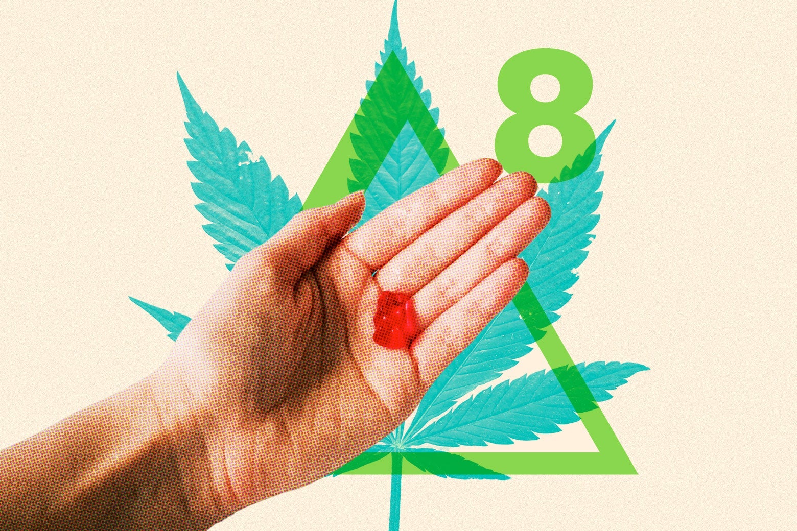 A hand holds a gummy bear in front of a graphic of a big marijuana leaf, over which is overlaid a delta symbol and the number 8.