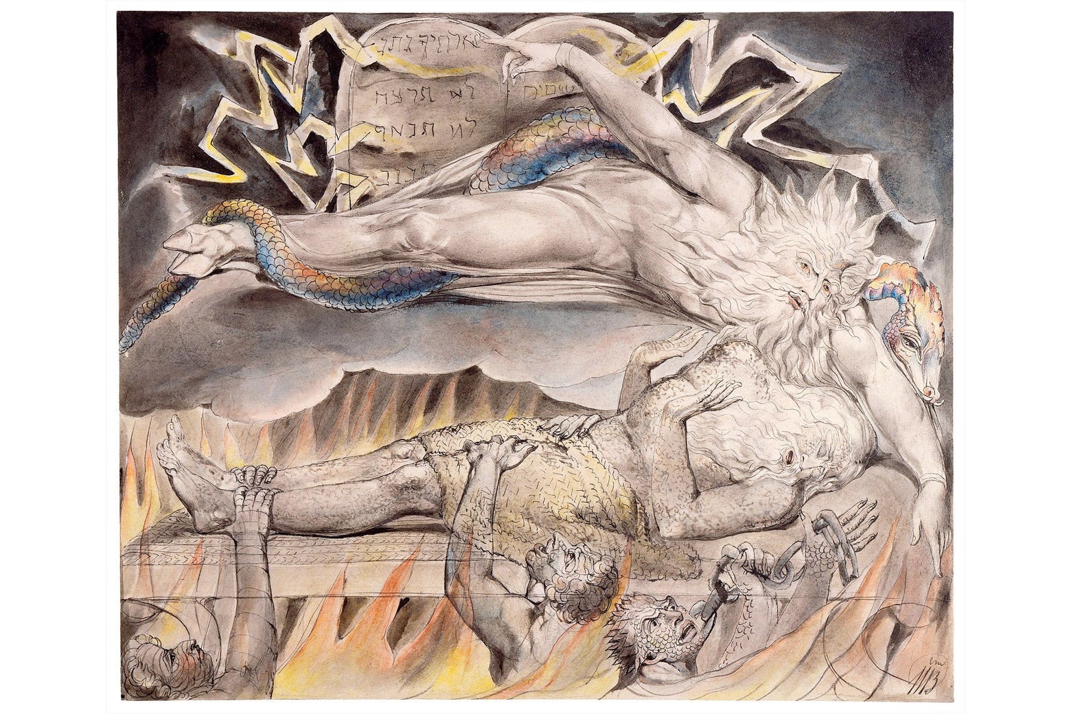 Watercolor of Job sleeping on a wooden bed raising his hands in protest as creatures grab at him from below and a cloven-hoofed demon hovers above him pointing at stone tablets