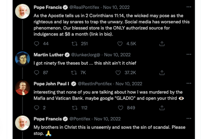 A parody tweet featuring Pope Francis, Pope John Paul I and Martin Luther.