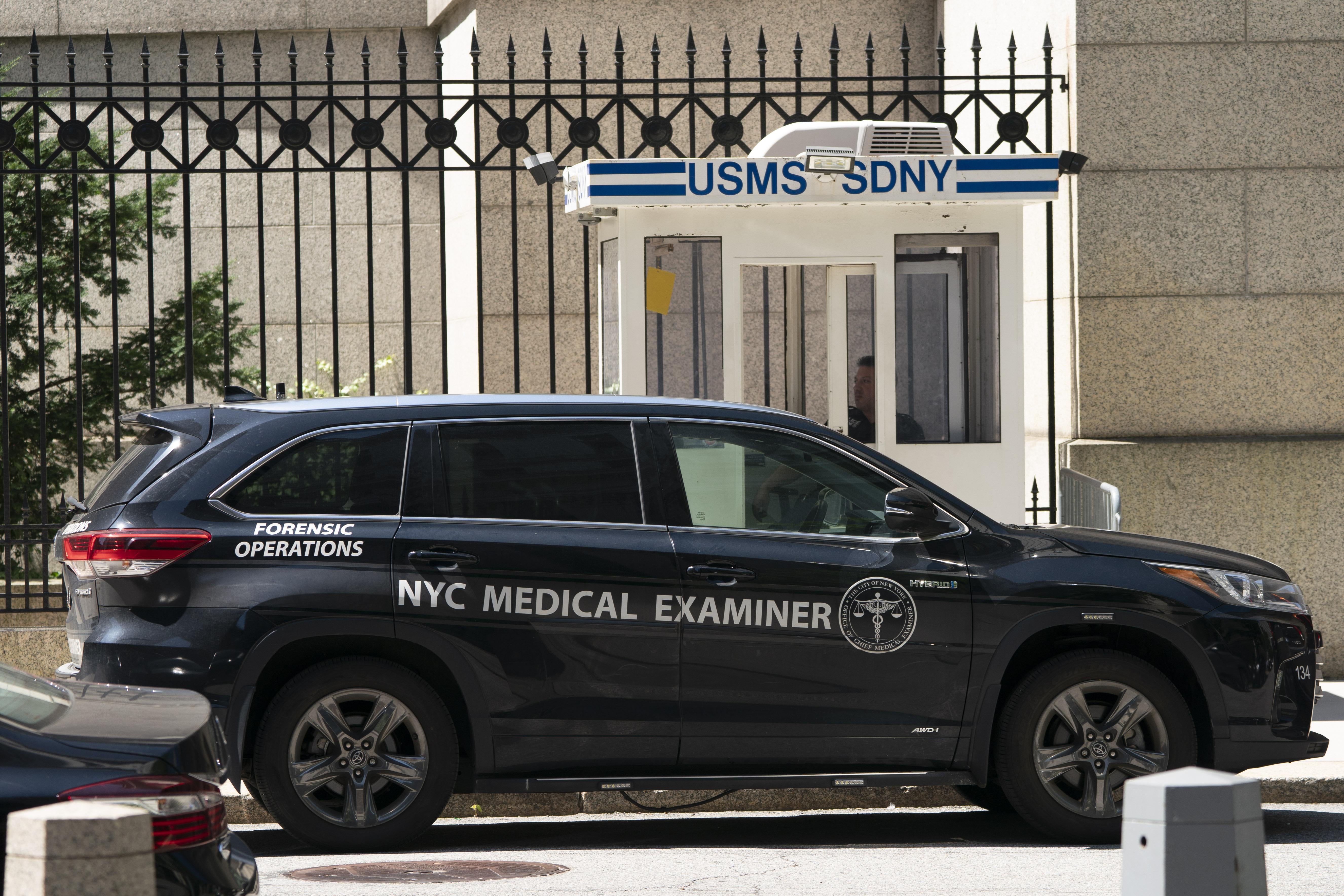 A New York Medical Examiner's car is parked outside the Metropolitan Correctional Center where financier Jeffrey Epstein was being held, on August 10, 2019, in New York.