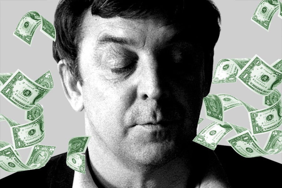 Terry Southern with dollar bills flying around his head.