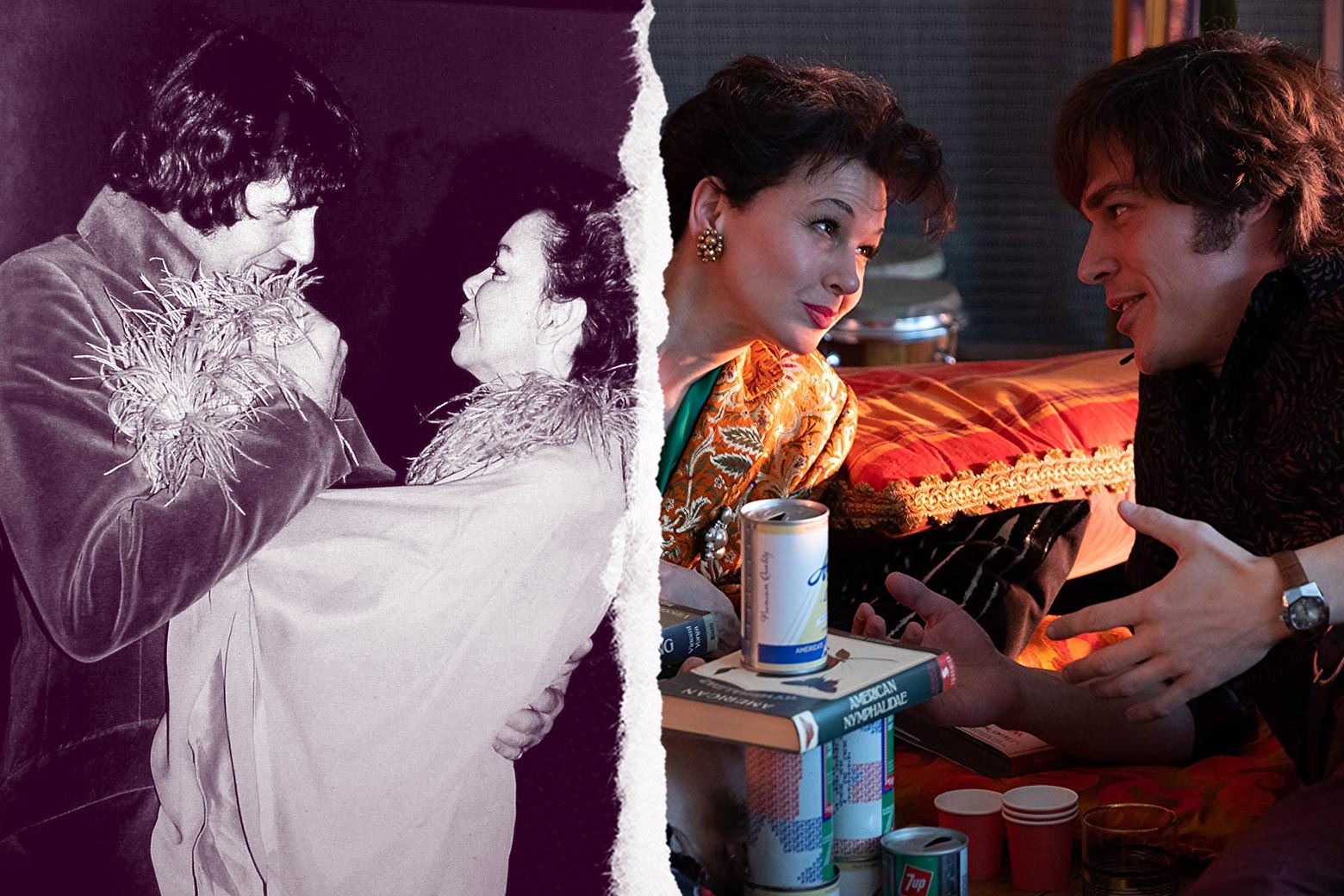 Side-by-side of Mickey Deans and Judy Garland, and Renée Zellweger as Judy Garland with Finn Wittrock as Mickey Deans in the movie Judy.