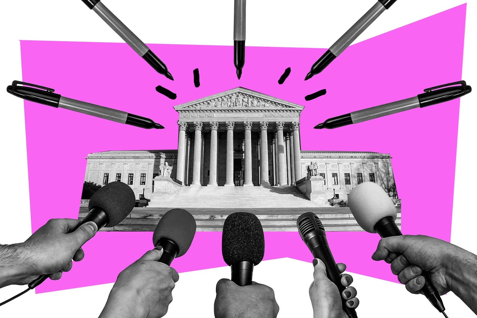 the exterior of the U.S. Supreme Court, with a row of reporters' hands holding microphones toward the building, and several Sharpies drawing lines around the top 