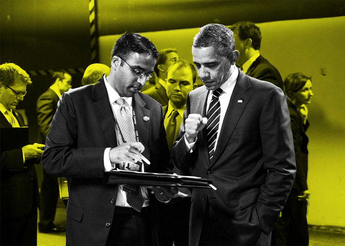 President Barack Obama talks with Lead Advance Maju Varghese following a press conference at the G20 Summit at the Espace Riviera in Cannes, France, Nov. 4, 2011. 