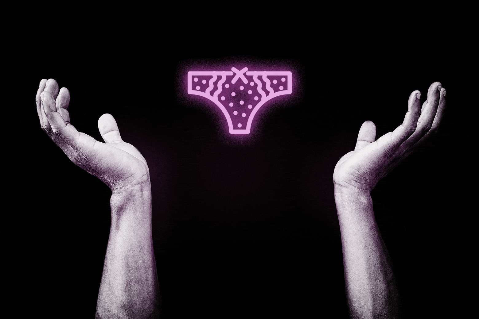 Man's hands thrown up in the air, a pair of women's panties floats above him.
