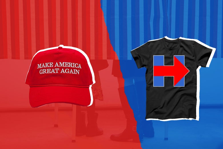 Make America Great Again hat in red and a Hillary Clinton shirt.