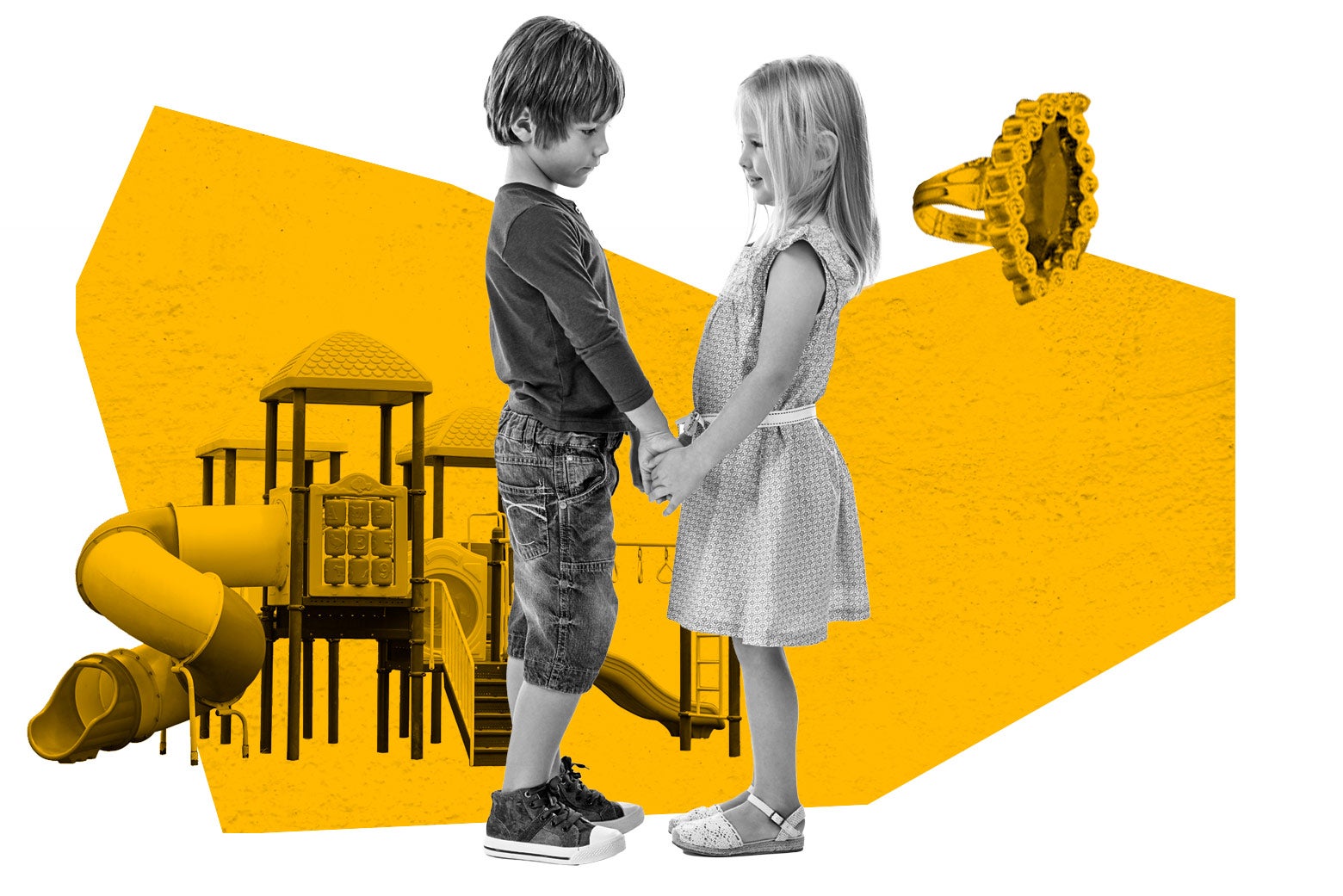 A boy and girl hold hands at recess.