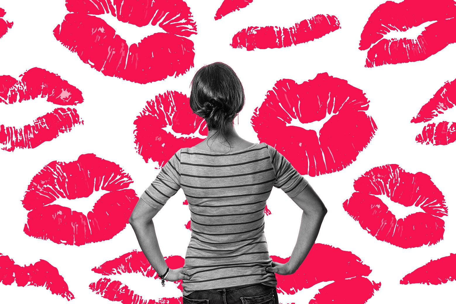 A person stands with their hands on their hips and their back to the camera in front of a background of illustrated kisses.