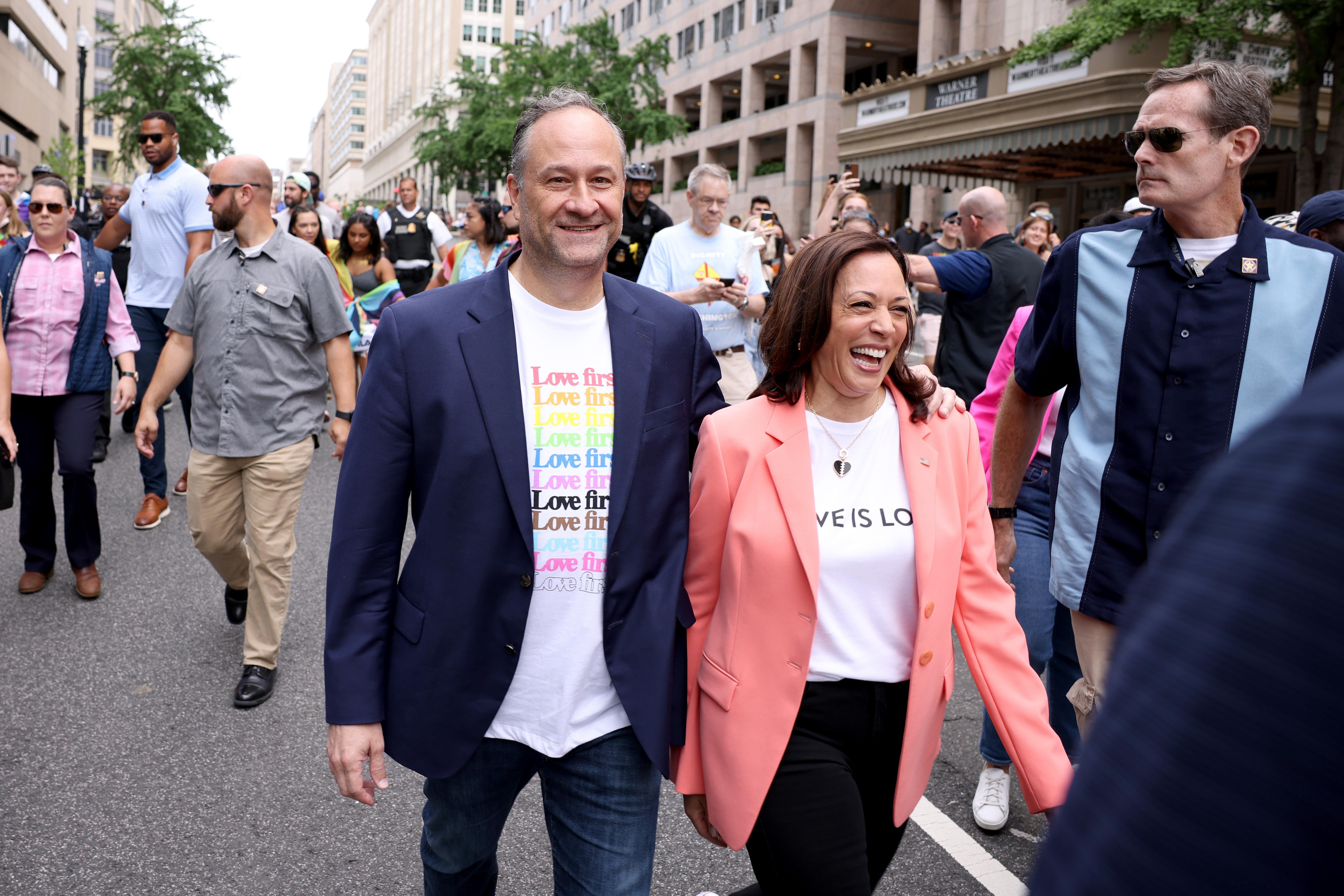 Vice President Kamala Harris and husband Doug Emhoff join marchers for the Capital Pride Parade on June 12, 2021 in Washington, D.C.