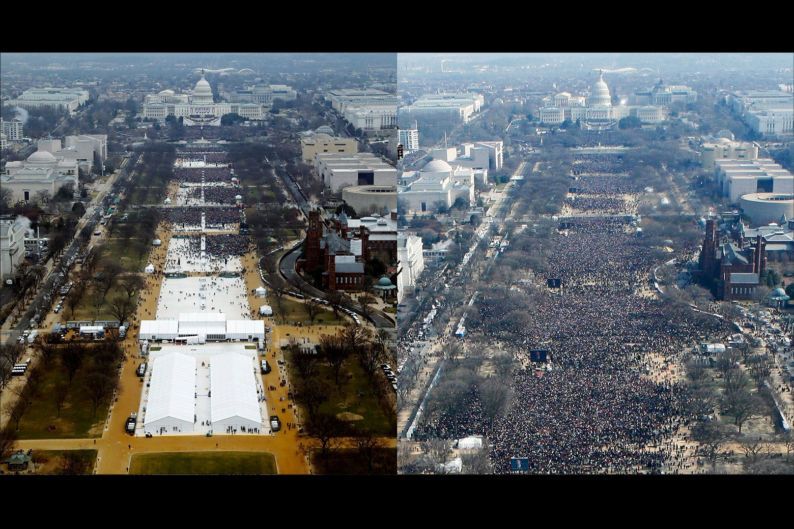 Two photos from the same elevated perspective showing the National Mall